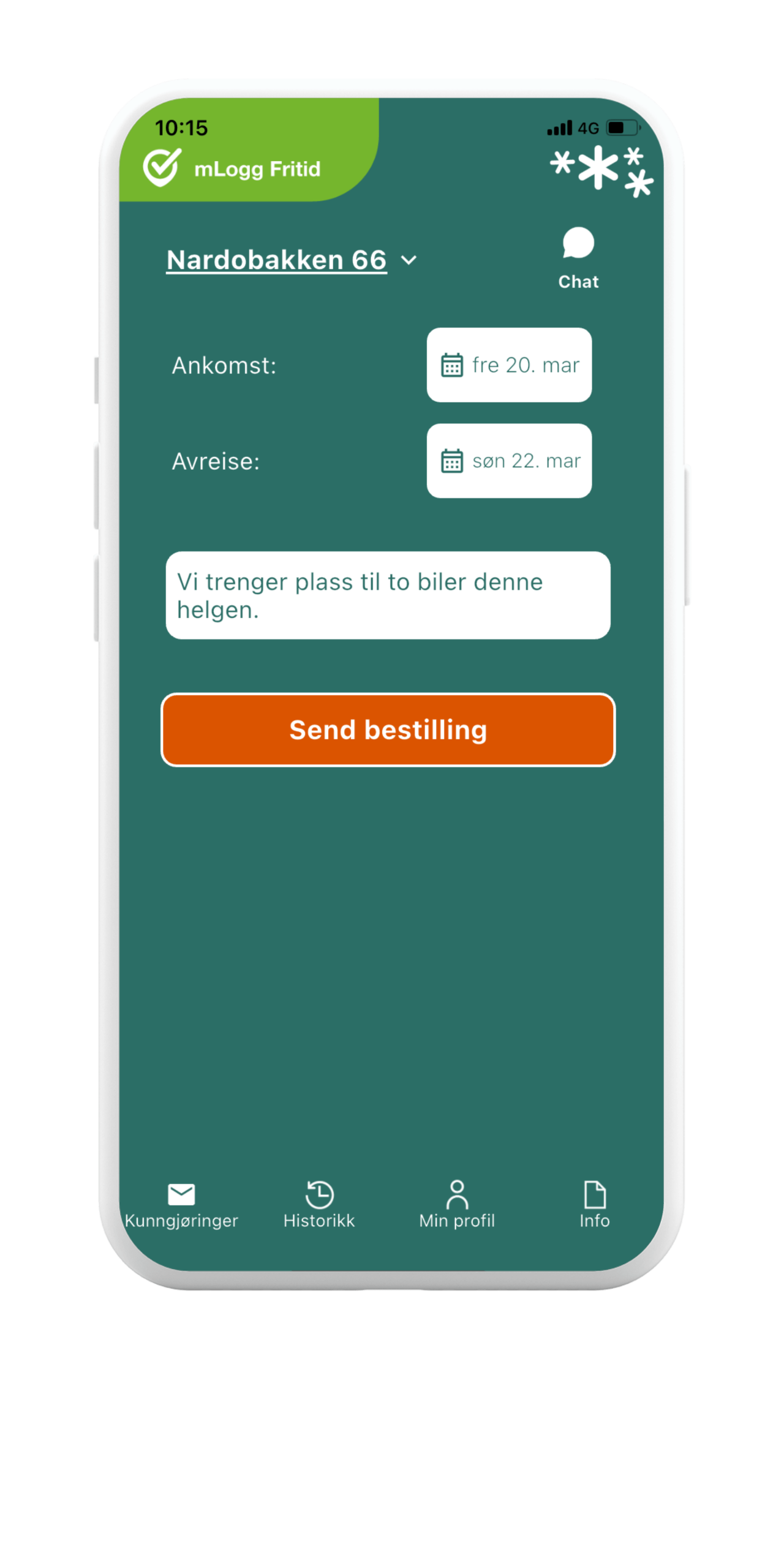 Skjermbilde for bestilling av brøyting til hytten