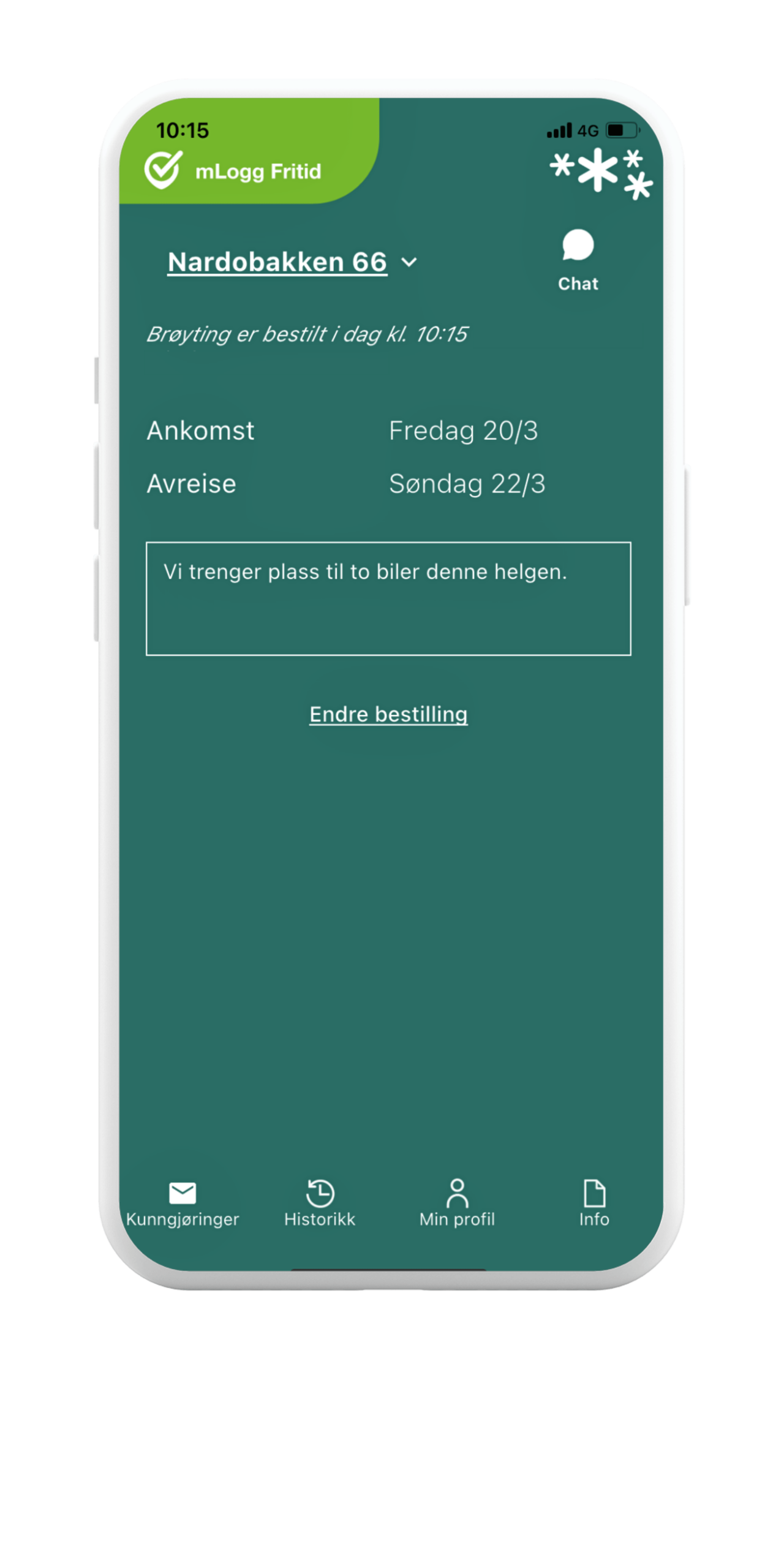 Se og endre din brøytebestilling i mLogg Fritid appen