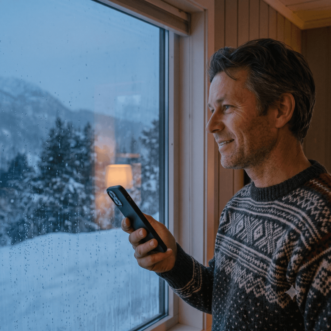 Med mLogg Fritid kan hytteeier bestille brøyting til hytta direkte i en app. Meld ankomst og avreise, så dukker det opp i brøytesjåførens app. På bildet ser du en mann som har bestilt brøyting til sin hytte. 