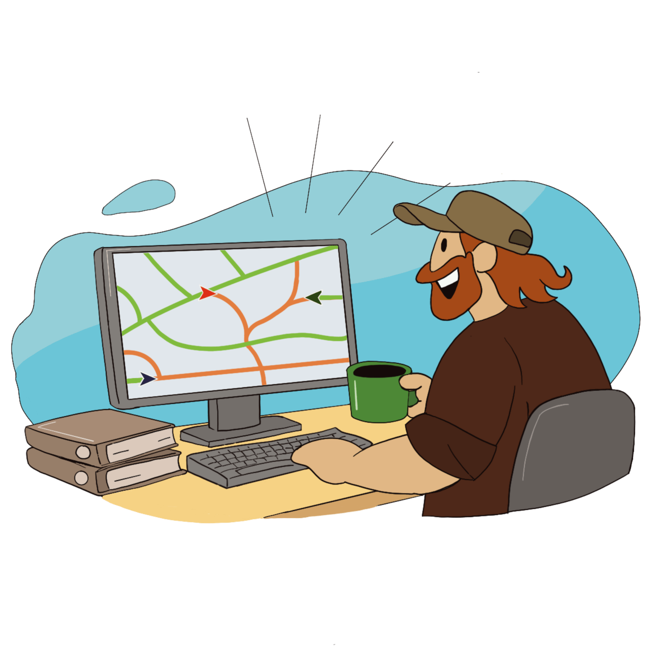 Illustrasjon av mann som har full oversikt over brøyting og veiarbeid i kommunen, i mlogg sitt websystem
