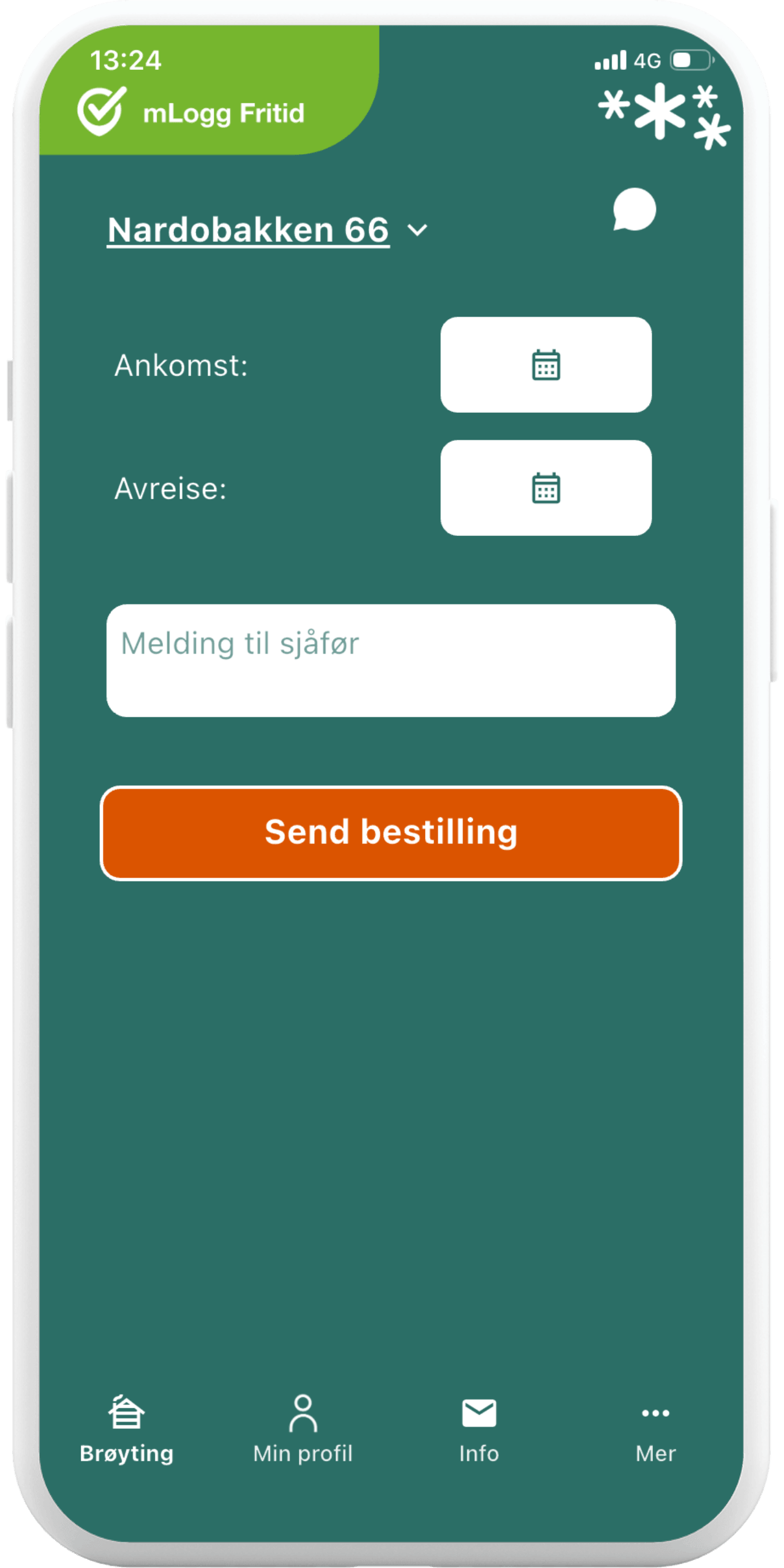 Bestilling av hyttebrøyting i hytteappen mLogg Fritid