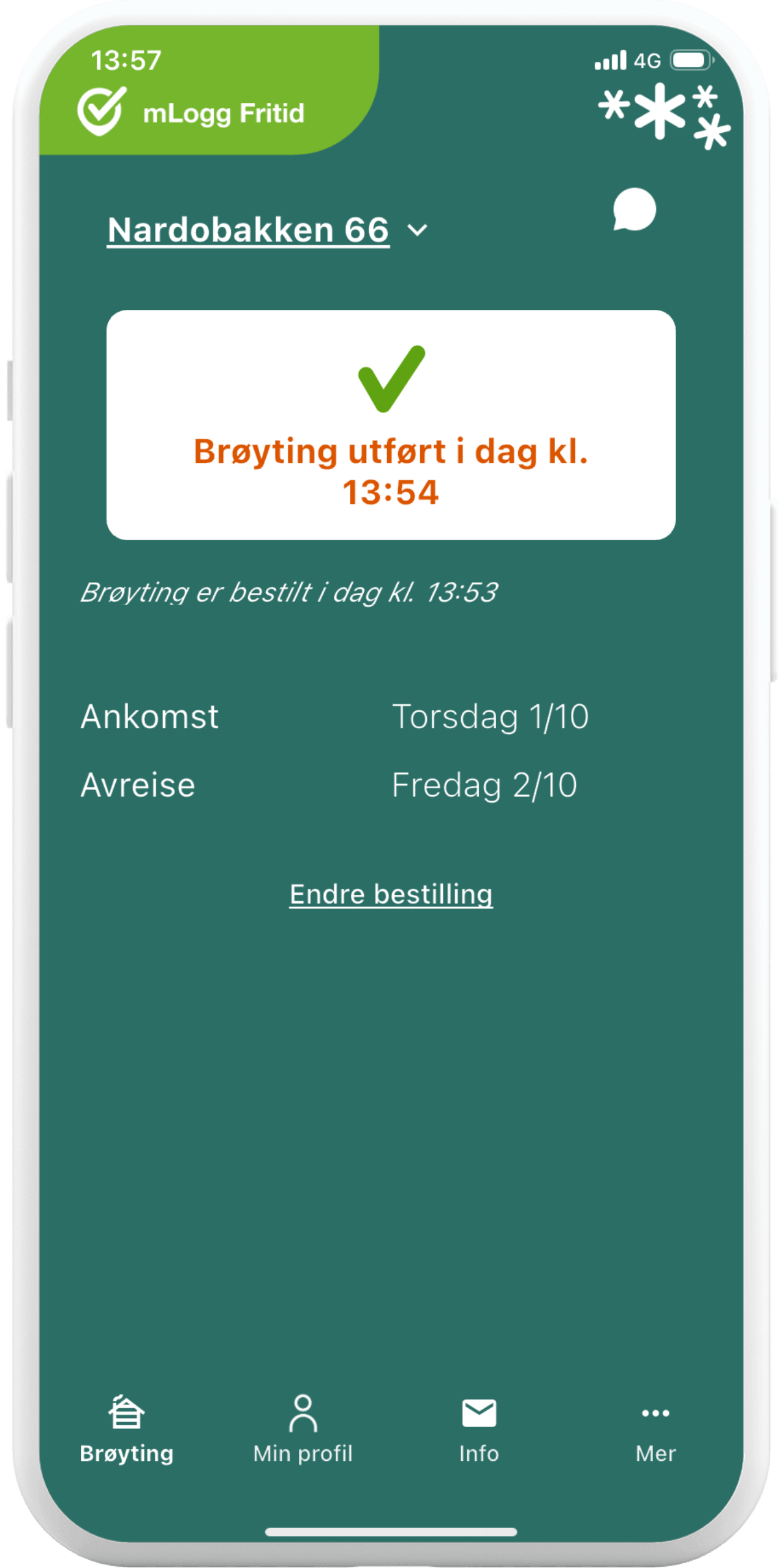 Skjermbilde av varselen hytteeier får ved utført brøyting i hytteappen mlogg fritid